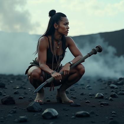 AI-generated photo: Photorealistic cinematic photo on a black volcanic ash plain dotted with steaming vents, the subject...