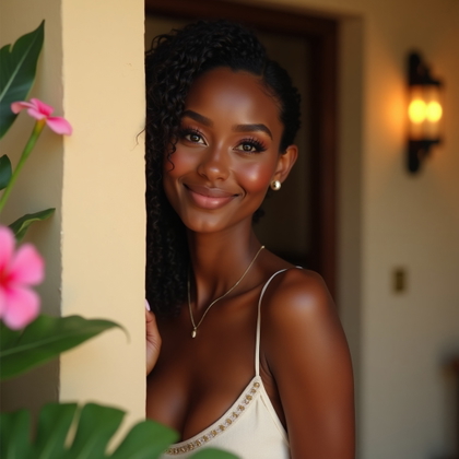 Villa Entrance Full-Body Bombshell Shot example: Photorealistic dating profile photo, square avatar-style crop from chest upward with the subject positioned near the vil
