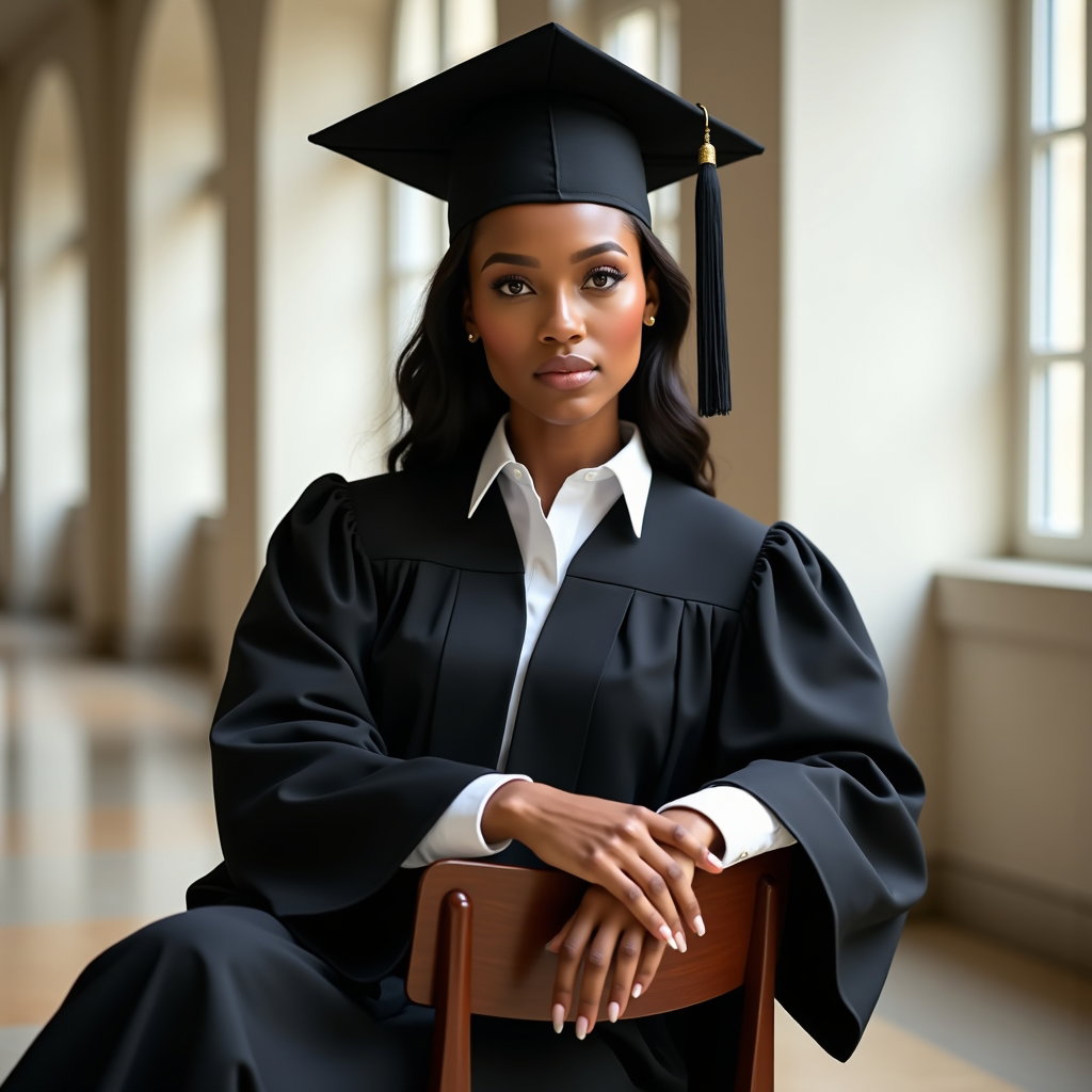 AI-generated photo: Fashion portrait photography, a seated graduation portrait with elegant posture on a refined campus ...
