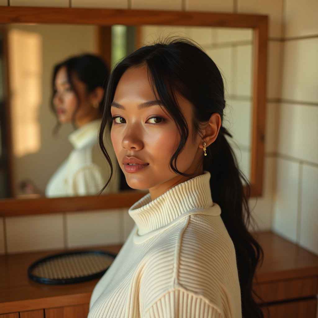 Simple Tenniscore Portraits That Avoid Looking Too Costume-Like example: Photorealistic creative portrait photography. Unexpected mirror portrait inside a refined tennis locker room, face clear