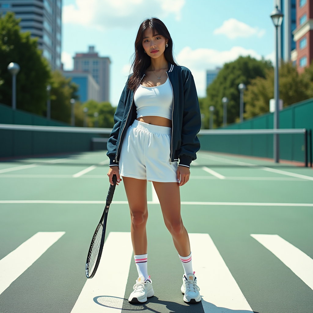 Edgy Street-Style Tenniscore Portraits example: Photorealistic fashion portrait photography. Full-body street-style portrait on a city crosswalk outside public tennis c