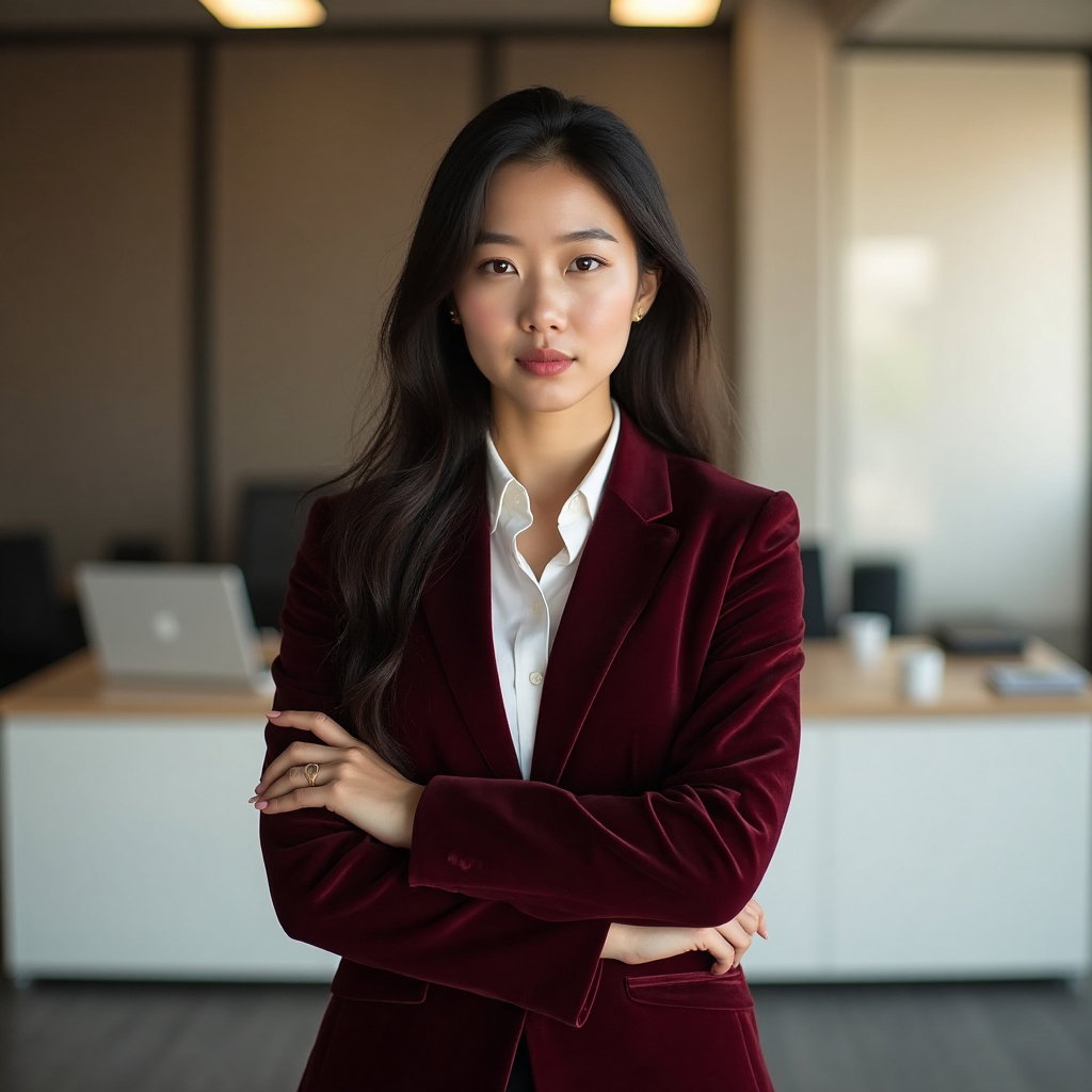 AI-generated photo: LinkedIn photo depicting a subject in a tailored burgundy suit with a velvet finish that subtly shim...