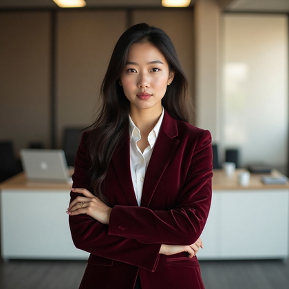 AI-generated photo: LinkedIn photo depicting a subject in a tailored burgundy suit with a velvet finish that subtly shim...