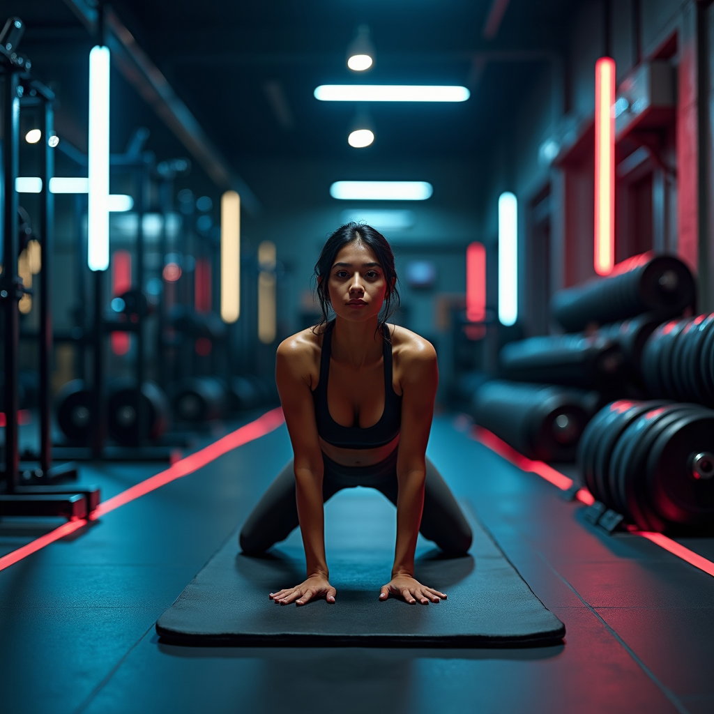 AI-generated photo: Photorealistic fitness photography, high-end performance club with black rubber flooring, neon accen...