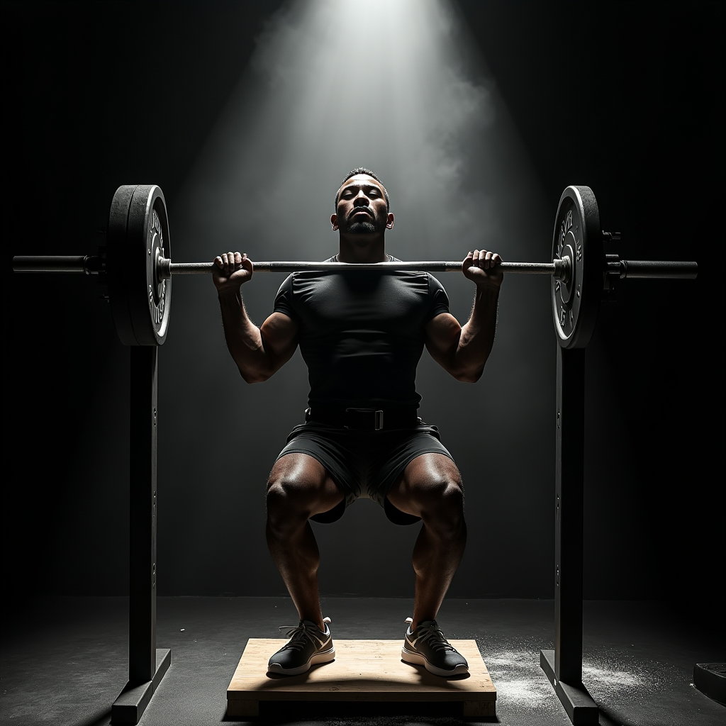 AI-generated photo: Photorealistic fitness photography in a dark, matte black-box gym where a single overhead soft sourc...