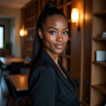 AI-generated photo: Professional headshot in a contemporary coworking lounge framed by a dark wood bookcase and warm pra...