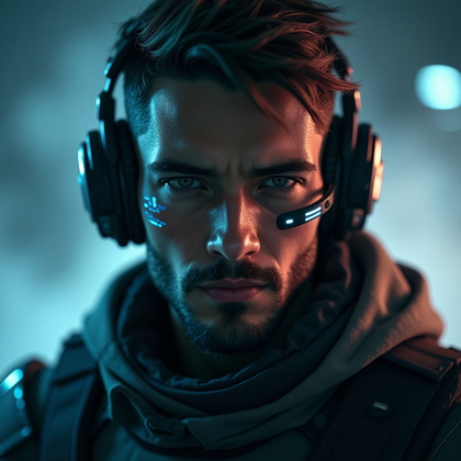 AI-generated photo: Photorealistic gaming character portrait photography. Extreme close-up of a battle-ready avatar with...