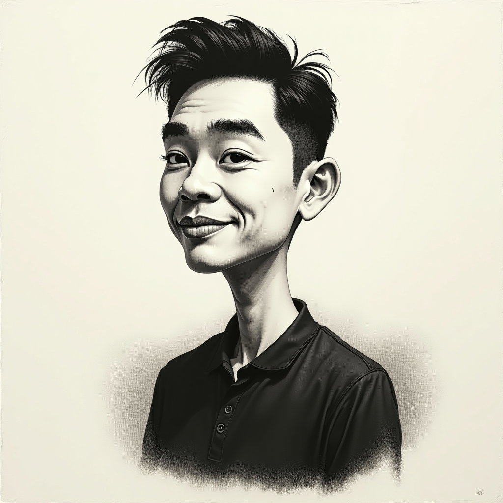 AI-generated photo: Charcoal caricature drawing. A front-facing bust portrait on rough, ivory paper uses dense compresse...