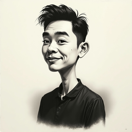 AI-generated photo: Charcoal caricature drawing. A front-facing bust portrait on rough, ivory paper uses dense compresse...