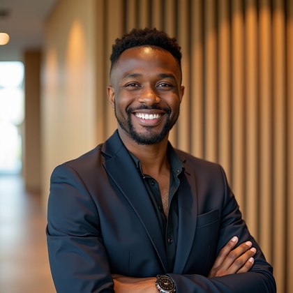 AI-generated photo: Professional headshot photo set against a light oak slatted acoustic wall in a corporate hallway, wi...