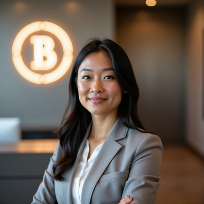 AI-generated photo: Professional headshot. Composed in a modern reception area where an edge-lit acrylic brand monogram ...