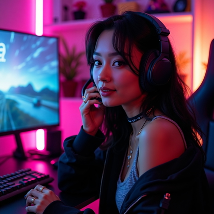 AI-generated photo: Photorealistic fashion portrait photography style, intimate but high-impact half-body streamer portr...