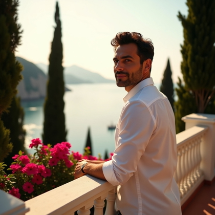 Golden Hour Cliffside Portraits Over the Coast example: Photorealistic portrait photography, environmental portrait on a cliff terrace framed by cypress trees, bougainvillea, w