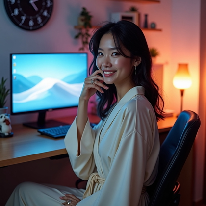 AI-generated photo: Photorealistic indoor portrait photography. A seated portrait of a real person at a sleek gaming set...