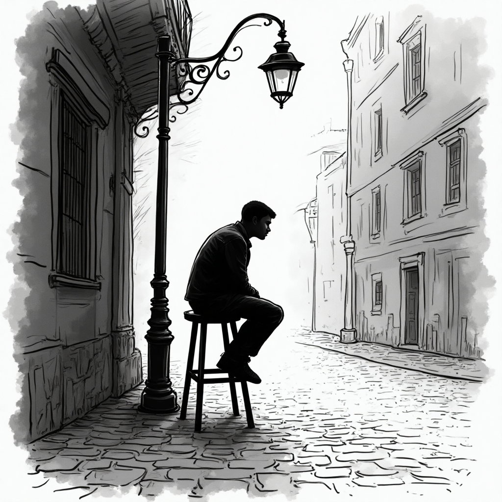 AI-generated photo: **Line Art** illustration of a person silhouetted in profile, sitting on a high stool under a street...