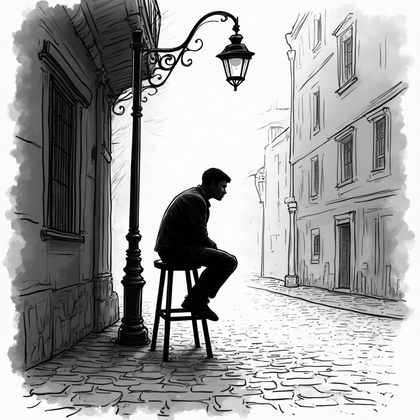 AI-generated photo: **Line Art** illustration of a person silhouetted in profile, sitting on a high stool under a street...