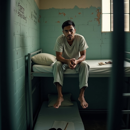 AI-generated photo: Photorealistic prison portrait photography, person seated crosswise on the top bunk but leaning forw...