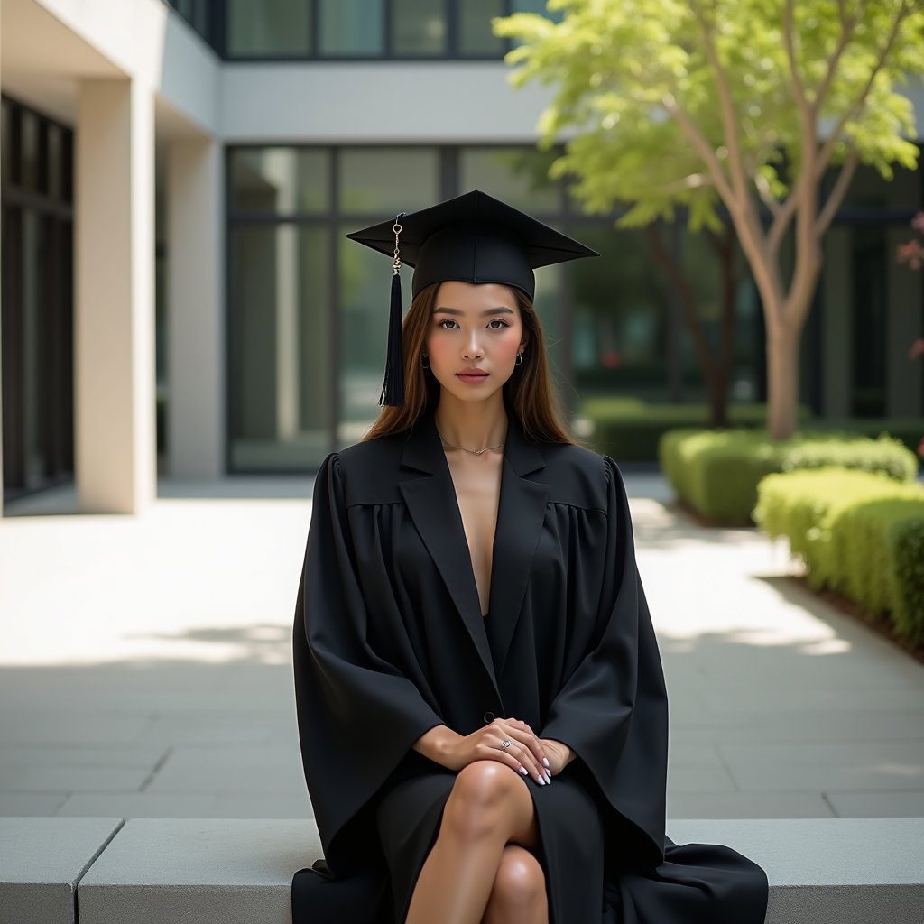 AI-generated photo: Fashion editorial photography, a graduate seated on a minimalist modern bench in a stylish campus co...