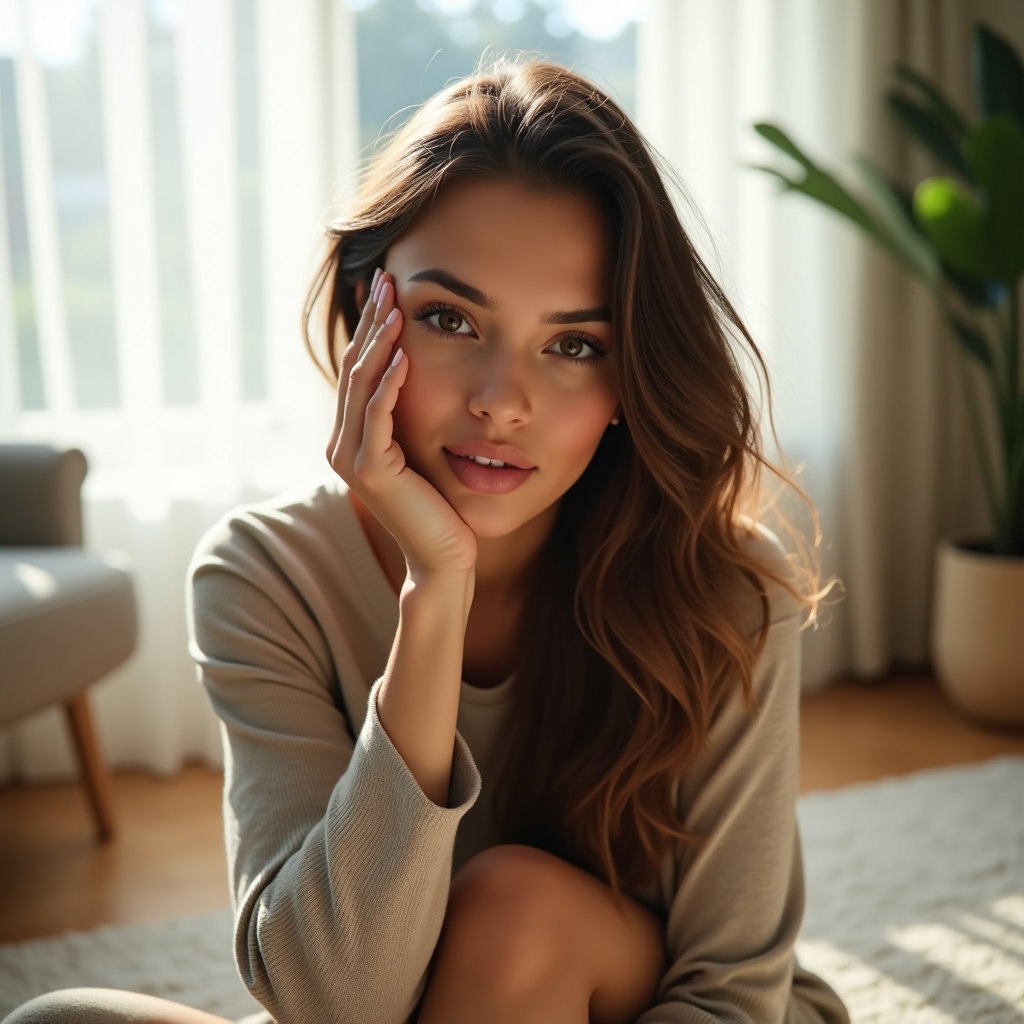 AI-generated photo: Photorealistic beauty portrait photography. The subject is seated on the floor in front of a large w...