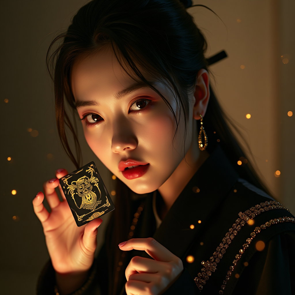 Black-and-Gold Idol Armor Portrait example: Cinematic fantasy holographic trading-card photo. Unexpected collectible photocard concept showing the subject half-emer