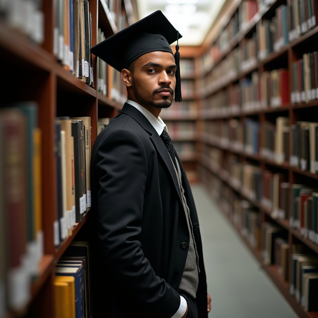 AI-generated photo: Fashion portrait photography, a contemplative portrait in a campus library aisle where shelves of bo...