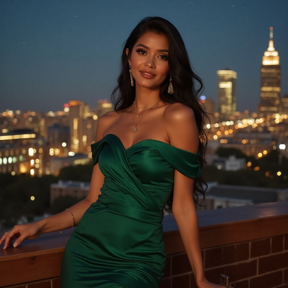 AI-generated photo: Stylish Night Out Glamour photo capturing a woman in a chic, off-shoulder emerald green satin dress ...