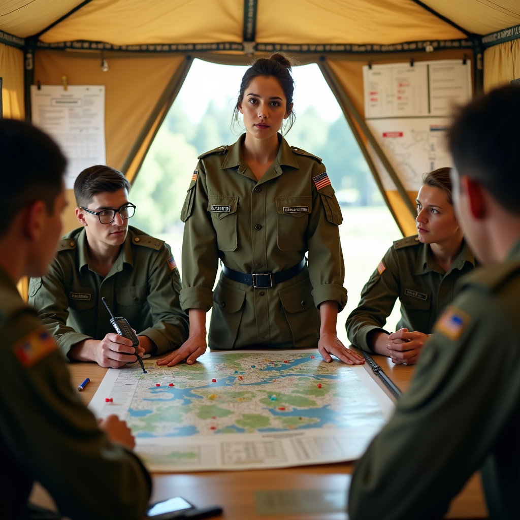AI-generated photo: Photorealistic military field photography. Inside a rapidly assembled field command tent, a leader s...