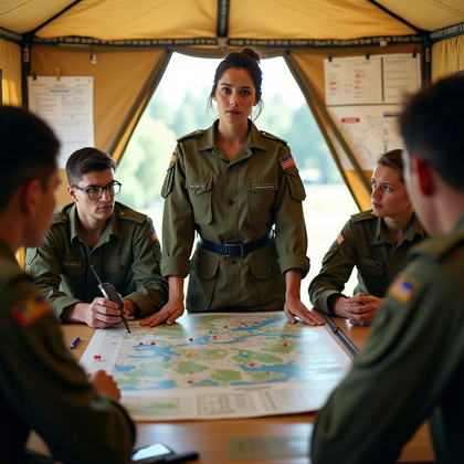 AI-generated photo: Photorealistic military field photography. Inside a rapidly assembled field command tent, a leader s...
