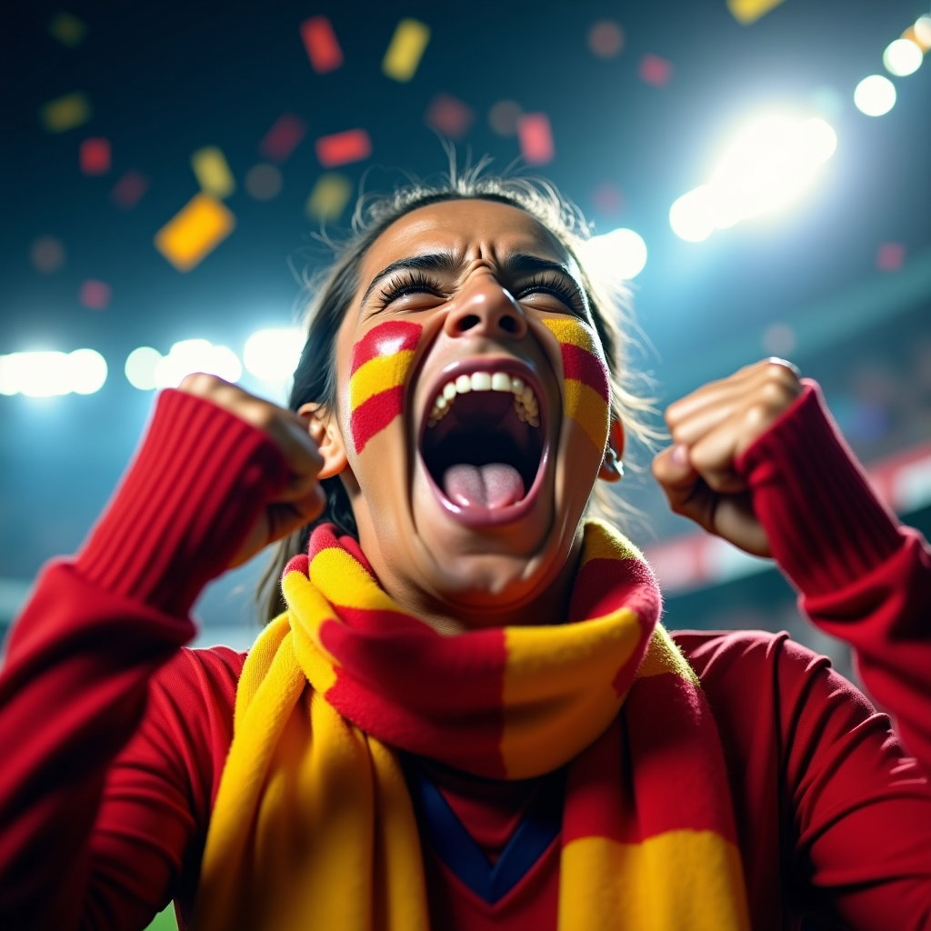 Victory Roar Celebration Portraits example: Photorealistic sports fan portrait photography. Tight close-up of the fan roaring in victory, both fists lifted near the