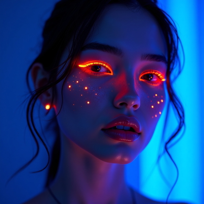 AI-generated photo: Photorealistic editorial beauty photograph under UV blacklight where precise fluorescent eyeliner, s...