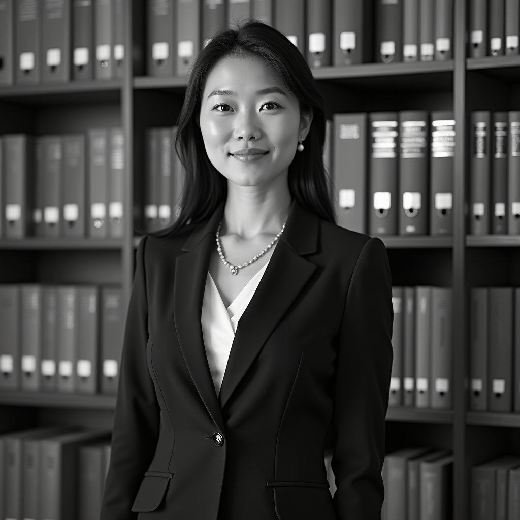 AI-generated photo: Professional black-and-white headshot photography set against a corporate executive library of built...