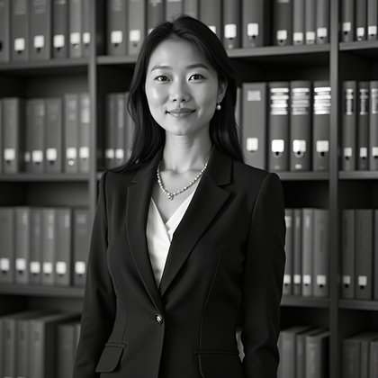 AI-generated photo: Professional black-and-white headshot photography set against a corporate executive library of built...