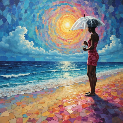 AI-generated photo: Surrealist fantasy oil painting. An expansive, dreamlike beach where the sand transitions into a vib...