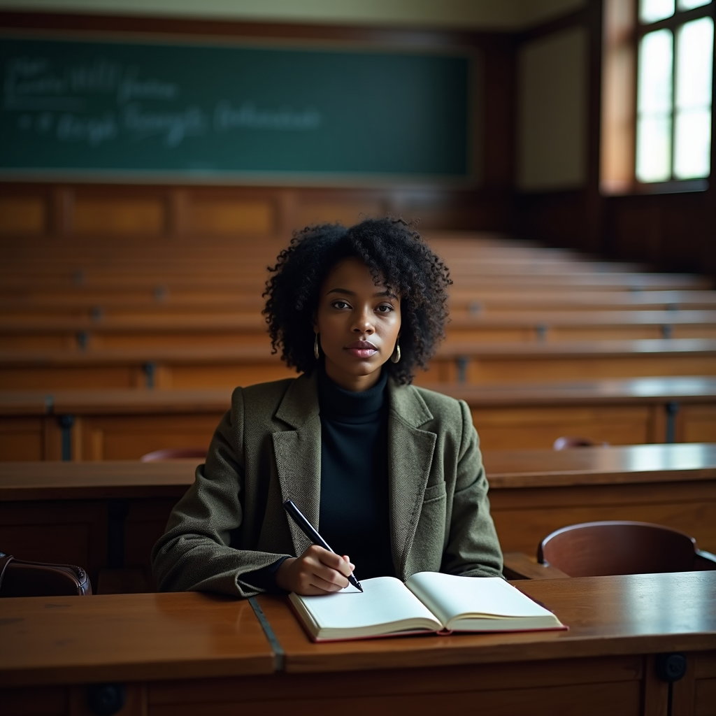 Lecture Hall Silence: Wide solitary portrait in an empty old lecture hall, the person seated alone in the middle tier of polished wooden benches with an open…