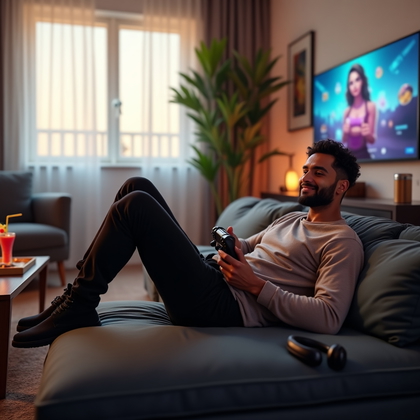 AI-generated photo: Photorealistic portrait photography. A chill gamer reclines on a sectional couch in a modern living ...