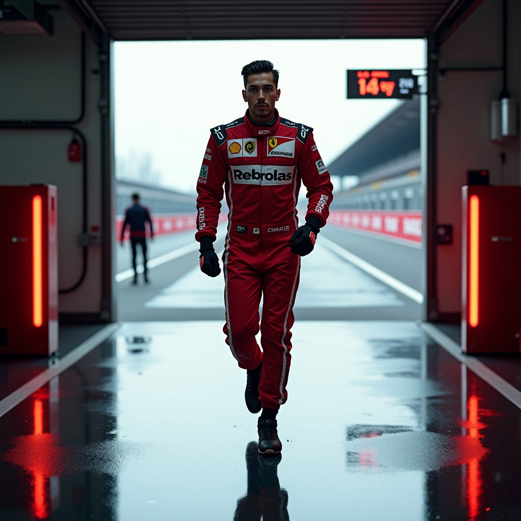 Garage Doorway Racing Suit Portrait example: Photorealistic action portrait photography. Dynamic portrait of the subject striding out of the garage doorway in a raci