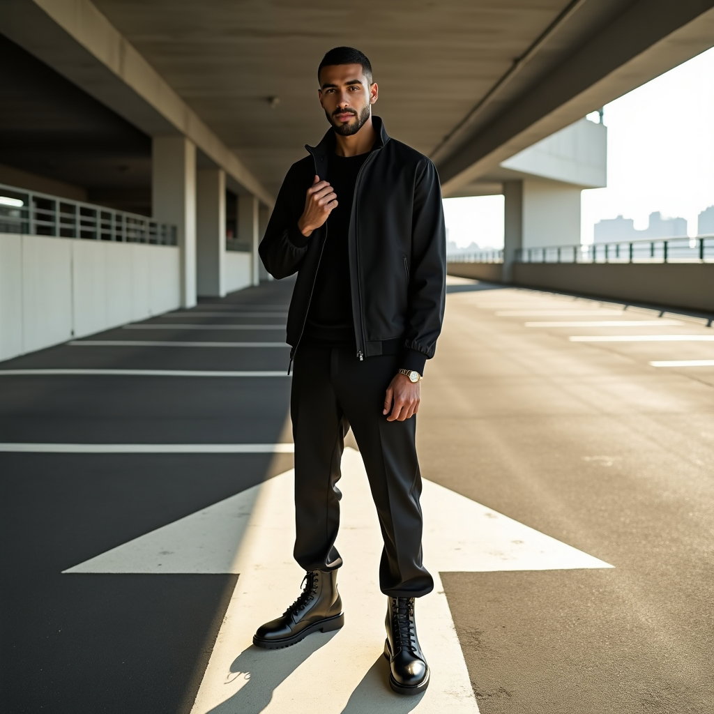 AI-generated photo: Photorealistic fashion photograph in an open-air parking structure during late afternoon, long graph...