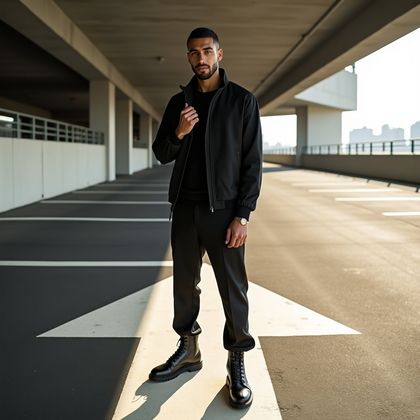 AI-generated photo: Photorealistic fashion photograph in an open-air parking structure during late afternoon, long graph...