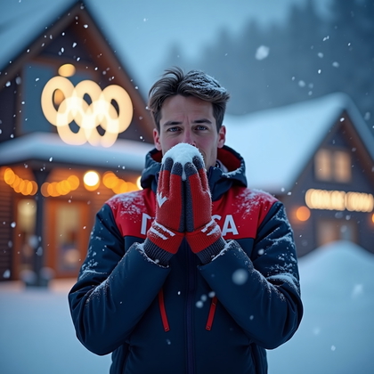 AI-generated photo: Photorealistic lifestyle sports photography. A person in a sleek national team winter jacket stands ...