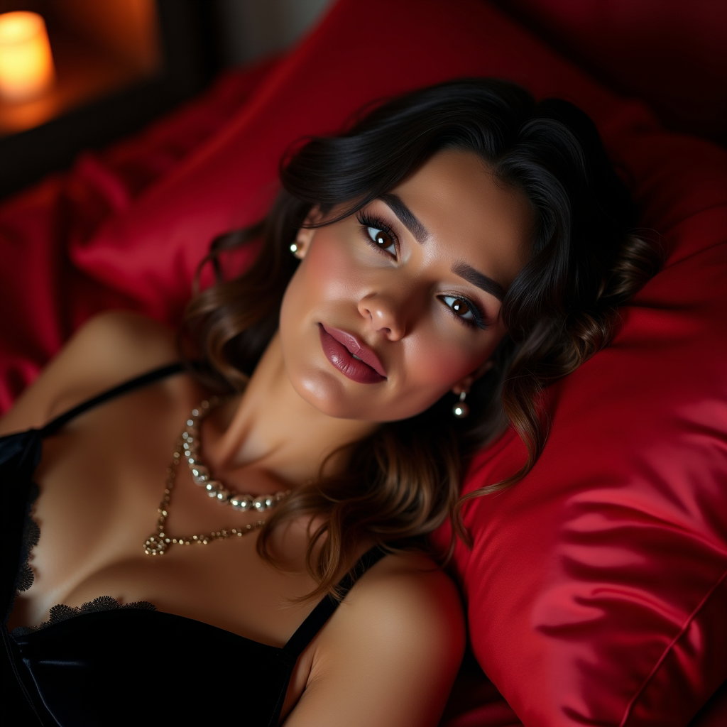 Crimson Satin Recline Portrait example: Dating profile photo. Close-up crimson satin recline portrait with the subject lying diagonally across glossy red beddin