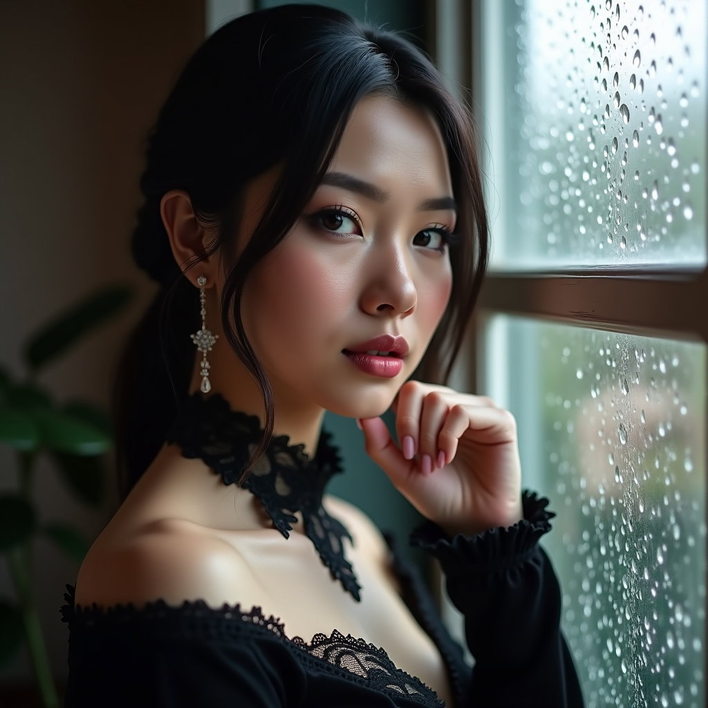 Soft Gothic Morning Portrait example: Dating profile photo. Close-up soft gothic morning portrait beside a rain-streaked window, face clearly visible, chin sl