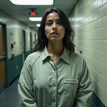 AI-generated photo: Photorealistic close-up, slightly wide-angle intake portrait taken just outside a processing room, w...