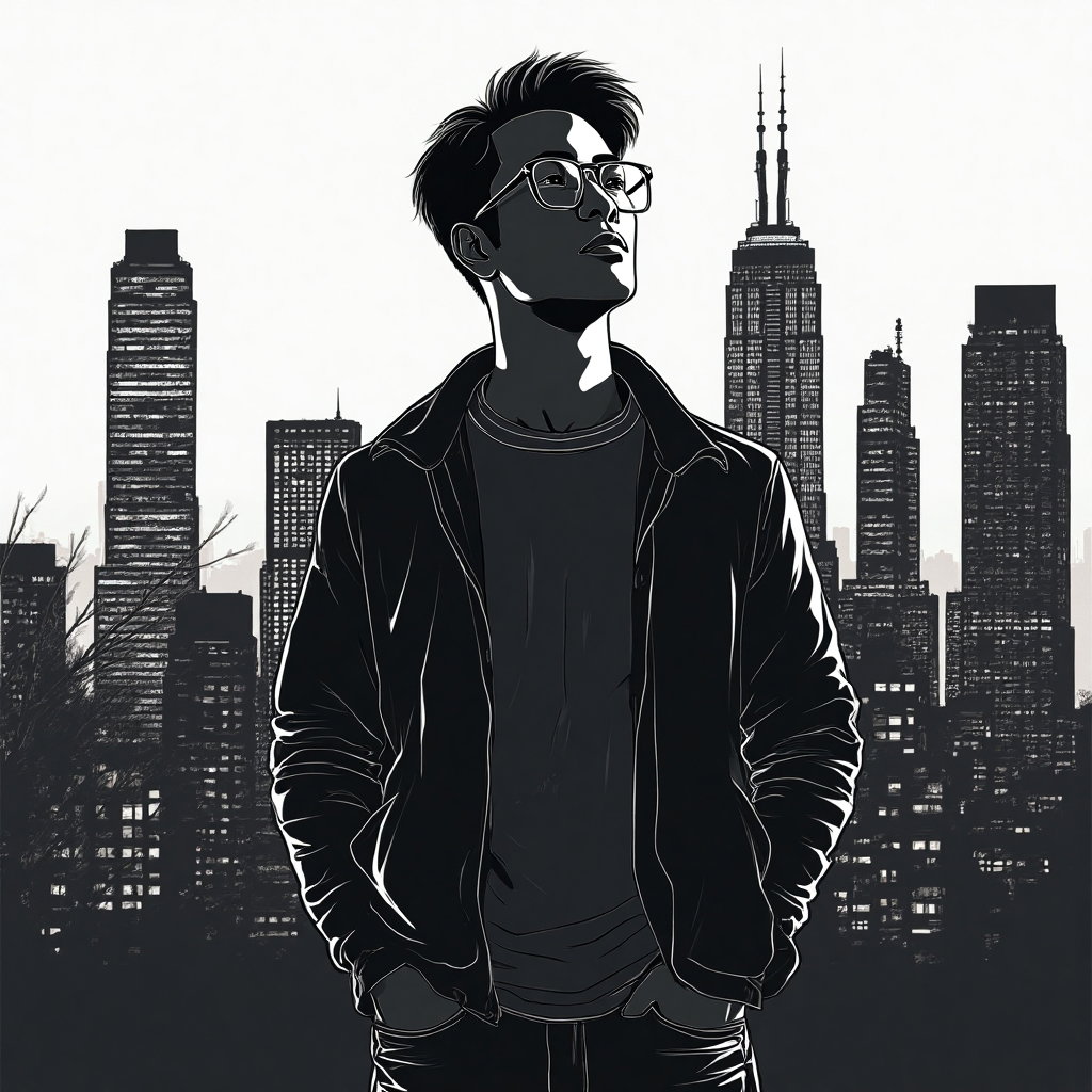 AI-generated photo: **Line Art** illustration portraying a person silhouetted in front of an urban skyline. The scene is...