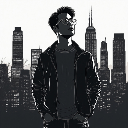 AI-generated photo: **Line Art** illustration portraying a person silhouetted in front of an urban skyline. The scene is...