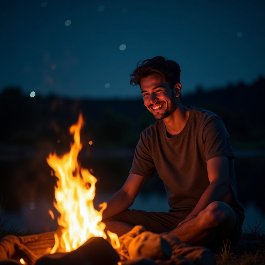 AI-generated photo: Photorealistic night portrait photography. A person sits close to a glowing campfire at a dark camps...
