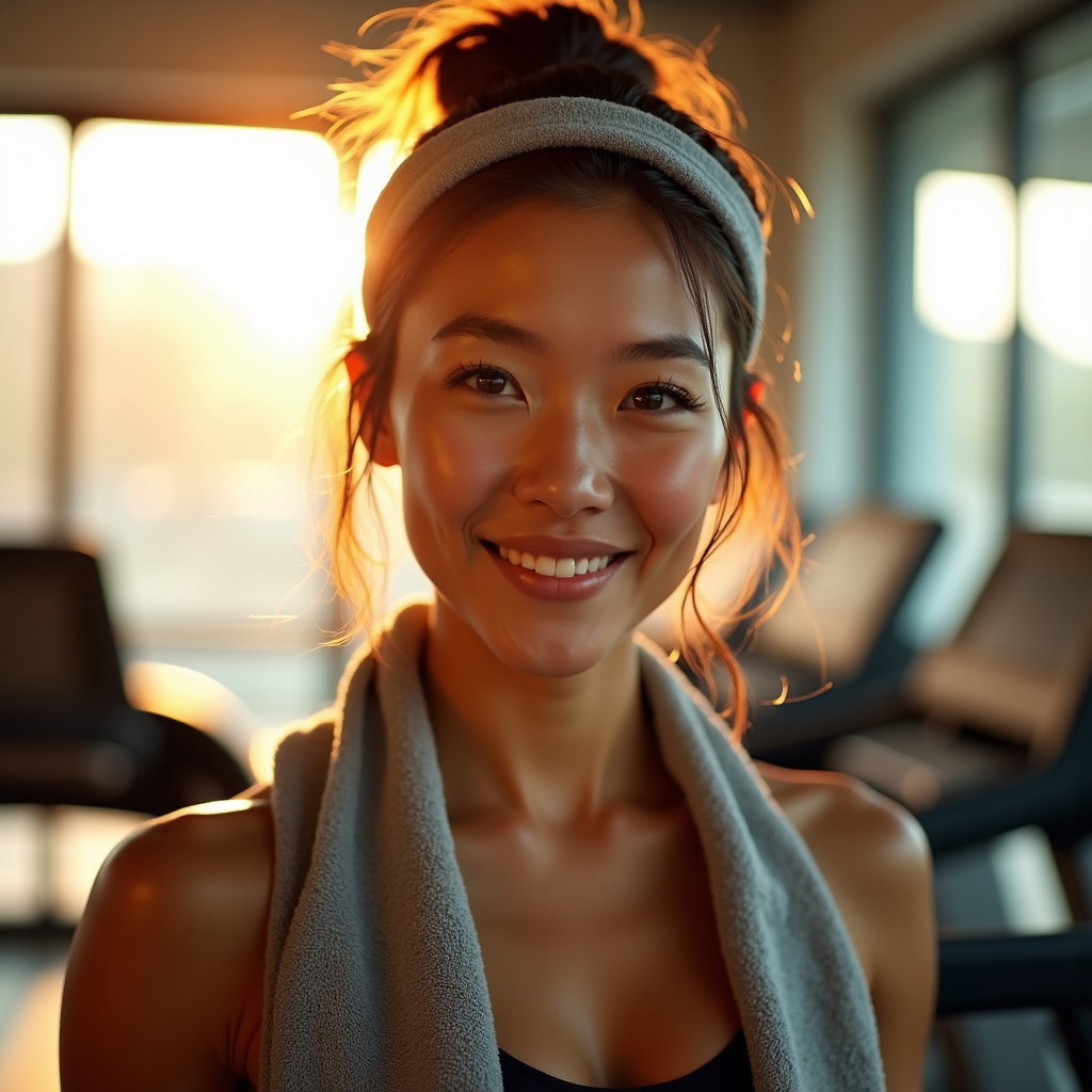 AI-generated photo: Photorealistic gym close-up portrait photograph: golden late-afternoon window light cuts through a t...