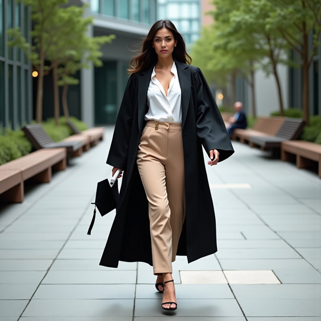AI-generated photo: Fashion editorial photography, a full-body graduation portrait set in an upscale urban plaza with mo...