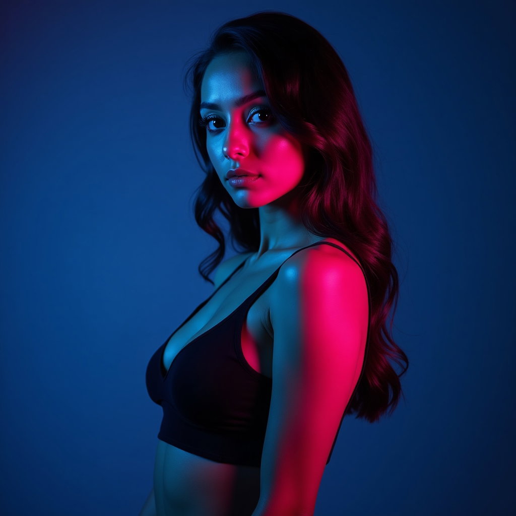 AI-generated photo: Photorealistic studio portrait. The subject is framed from the waist up in a slightly off-center com...