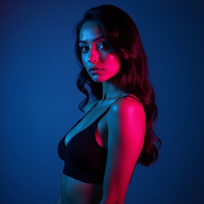 AI-generated photo: Photorealistic studio portrait. The subject is framed from the waist up in a slightly off-center com...