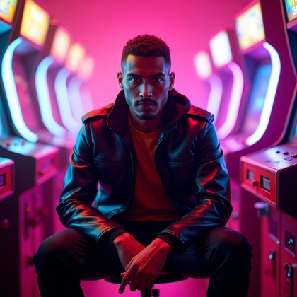 AI-generated photo: Cinematic photorealistic portrait photo inside a retro arcade, saturated in RGB neon where the antih...